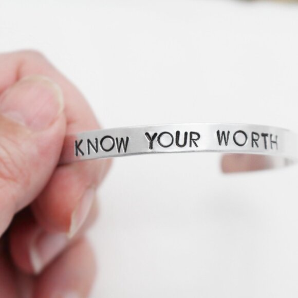 Know Your Worth - Hand Stamped Anodized Aluminum Bangle - Adjustable - Picture 5 of 11